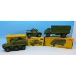 Three Dinky Toys, 621 3-Ton Army Wagon, 670 Armoured Car and 676 Armoured Personnel Carrier,