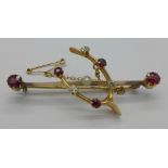 A 15ct gold, diamond, ruby and pearl wishbone brooch, 5.