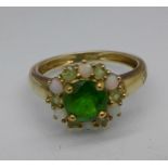 A 9ct gold, opal and green stone ring, 2.