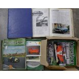 Ten volumes of On Four Wheels magazine and a box of car related books