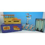 Hornby Dublo D1 signals and D1 signal cabin, and a Crescent Toys signal,