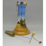 A hat pin stand, stick pins including bulls eye agate and one Scottish, a/f, two brooches, etc.