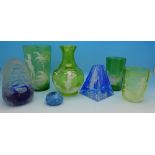 Four items of Mary Gregory green glass and three paperweights,