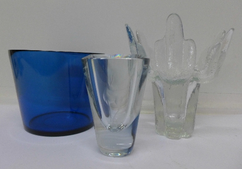 Three pieces of Scandinavian art glass; Orrefors Fuga blue bowl with acid mark,