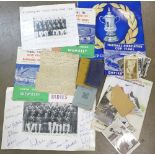 Two FA Cup Final programmes, 1955 and 1957, a facsimile signed cricket photograph, football posters,
