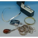 Silver jewellery including a collar, a 22ct gold on silver bangle,