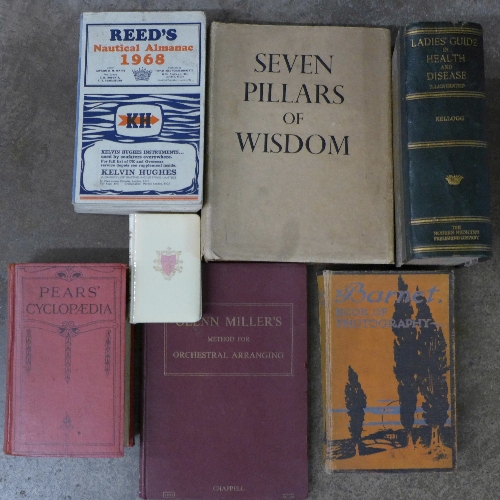 Assorted books including Ladies Guide to Health, Pears Cyclopedia, Seven Pillars of Wisdom by D.H.