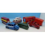 Seven assorted Dinky Toys and Corgi Toys vehicles including Chipperfields Trailer, Bus and Taxi,