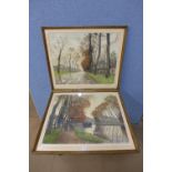 A pair of signed Henri Jourdain (1864-1931) coloured etchings, landscapes,