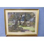 A French park scene with figures, pastel, indistinctly signed,