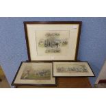 A 19th Century hunting lithograph, signed in pencil and two engravings,