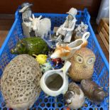 A collection of figures and pottery animals including studio pottery