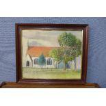 Douglas Moyle, view of a church, watercolour,