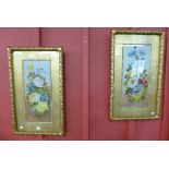 William Raworth, pair of still lifes of flowers, oil on opaque glass,