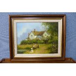 Les Parson, cottage landscape with a boy and girl fishing, oil on canvas,