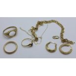 9ct gold jewellery including a wedding band, P, some scrap, total weight 13.