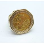 A gentleman's 1982 half sovereign ring with 9ct gold mount, 10.