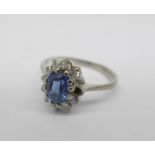 An 18ct white gold, sapphire and diamond cluster ring, lacking one diamond, 3g, K, - Note,