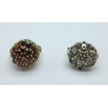 A silver gilt and garnet cluster ring and a silver and marcasite ring,