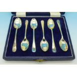 A cased set of six silver coffee spoons, one with inscription,