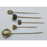 Five stick pins including one with carved tigers eye dogs head with red stone eyes and two marked