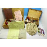 A collection of Polish war medals, related ephemera and badges, medals include two Cross of Valour,
