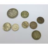 Eight American coins including a silver Columbian Exposition