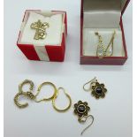 Five pairs of earrings including silver and yellow metal and a silver gilt cross pendant