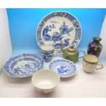 Eight Chinese items including bowls, cups, cloisonne vase, teapot, etc.