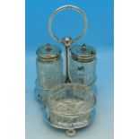 A three piece cruet set, two with silver tops on a silver stand, stand hallmarked Birmingham 1903,