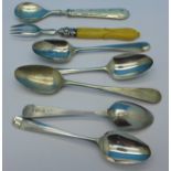 Five 19th Century silver spoons, one other spoon and a pickle fork,