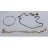 A 9ct white gold single earring, a 9ct gold bracelet and a silver necklace, bracelet a/f,