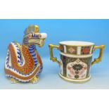 A Royal Crown Derby 1128 two handled mug and a Royal Crown Derby Dragon paperweight,
