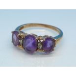 A 9ct gold, amethyst and diamond ring, 3g,