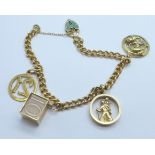 A 9ct gold charm bracelet with four hallmarked charms, 10 shillings, '21', St.