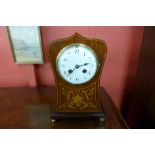 An Edward VII mahogany and marquetry inlaid lancet shaped mantel clock,