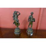 After Hippolyte Moreau, pair of early 20th Century spelter figures, Moissonneuse and Semeur,