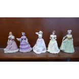 Five figures of lady's;- two limited edition Wedgwood, Royal Doulton Claire,