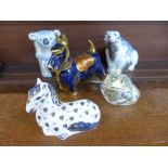 Five Royal Crown Derby paperweights with silver stoppers including Golden Koala