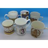 Six Royal commemorative mugs, including two Buckingham Palace, Queen Victoria Diamond Jubilee,