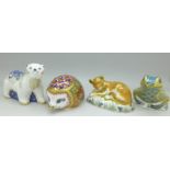 Four Royal Crown Derby paperweights with gold stoppers,