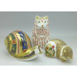 Three Royal Crown Derby paperweights with gold stoppers including limited edition Garden Snail