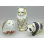 Three Royal Crown Derby paperweights with gold stoppers including Baby Panda Walking