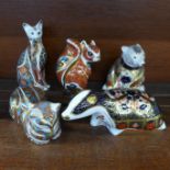 Five Royal Crown Derby paperweights with silver stoppers