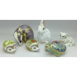 Six Royal Crown Derby paperweights including Terrapin and Snowy Rabbit