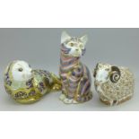 Three Royal Crown Derby paperweights with gold stoppers including limited edition Harbour Seal,