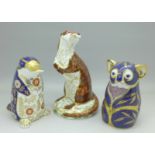 Three Royal Crown Derby paperweights with gold stoppers including Playful Otter