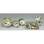 Five Royal Crown Derby paperweights with gold stoppers,