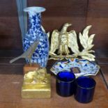 A carved wooden model of a bird, a Chinese gilded seal, oriental vase, a/f, a painted French dish,