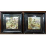 A pair of framed hand painted tiles, 19th Century, one Guildford castle,